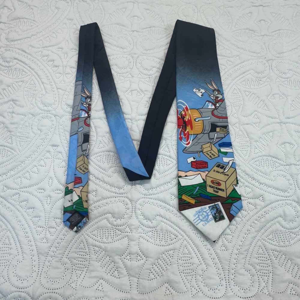Vintage 1997 Looney Tunes Bugs Bunny USPS Stamp Collection ACME Blue Silk Tie
